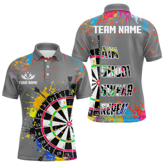 Buntes Dartbrett "Zielen Schießen Fluchen Wiederholen"-Poloshirt für Herren, graues Darttrikot TDM3639