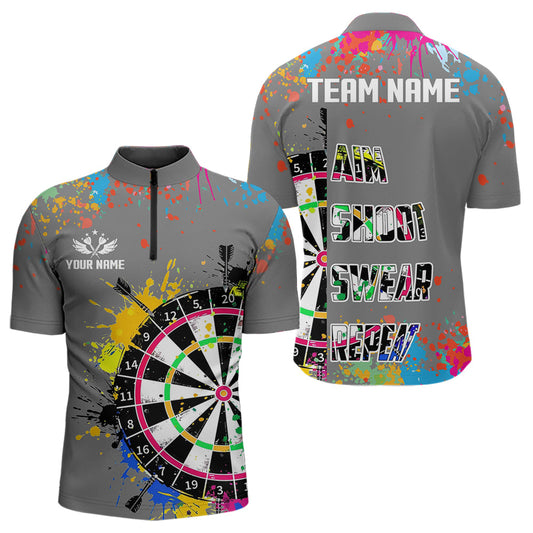 Individuelles Bunte Dartboards Ziel Schießen Fluchen Wiederholen Viertelreißverschluss Herren Shirt, Graues Dart Trikot TDM3639