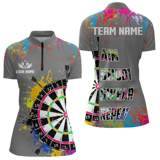 Individuelles Bunte Dartbretter Ziel Schießen Fluchen Wiederholen Damen Quarter Zip Shirt, Graues Dart Trikot TDM3639