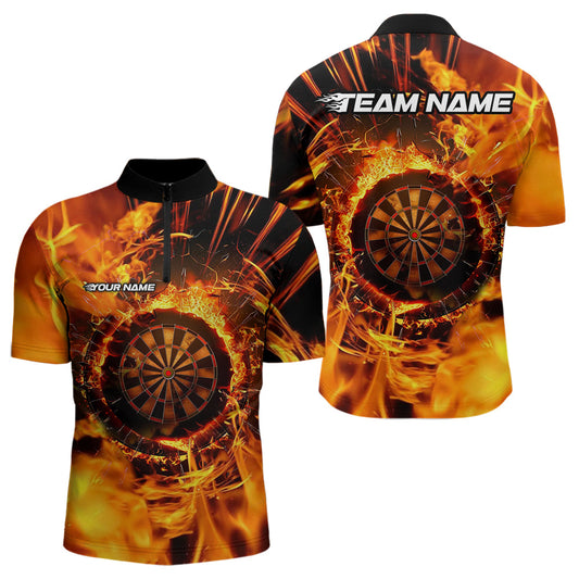 Individuelles Orange Wirbelnde Feuerflamme Dart Viertelreißverschluss Herren Shirt – Dart Team Trikot TDM3790