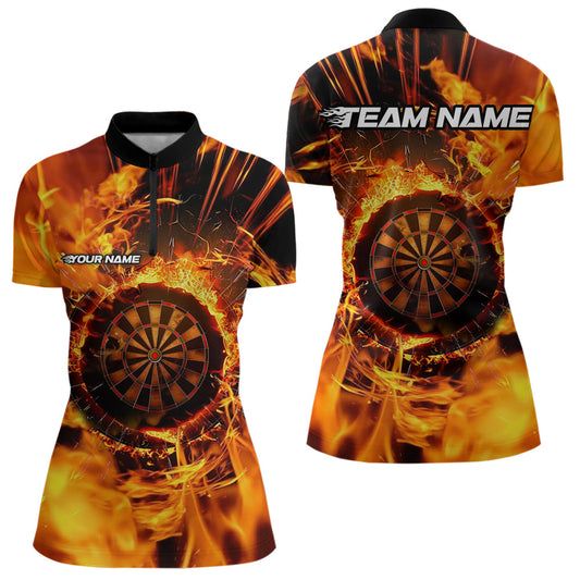 Individuelles Oranges Wirbelnde Feuerflamme Dart Quarter Zip Shirt Für Damen – Dart Team Trikot TDM3790