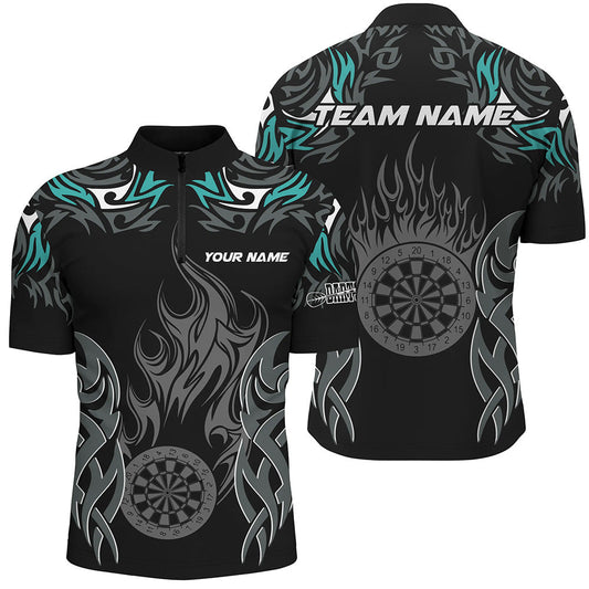 Darts Turnier Türkis Herren Shirt mit Viertelreißverschluss, Dartboard Feuerflamme Dart Trikot TDM2102