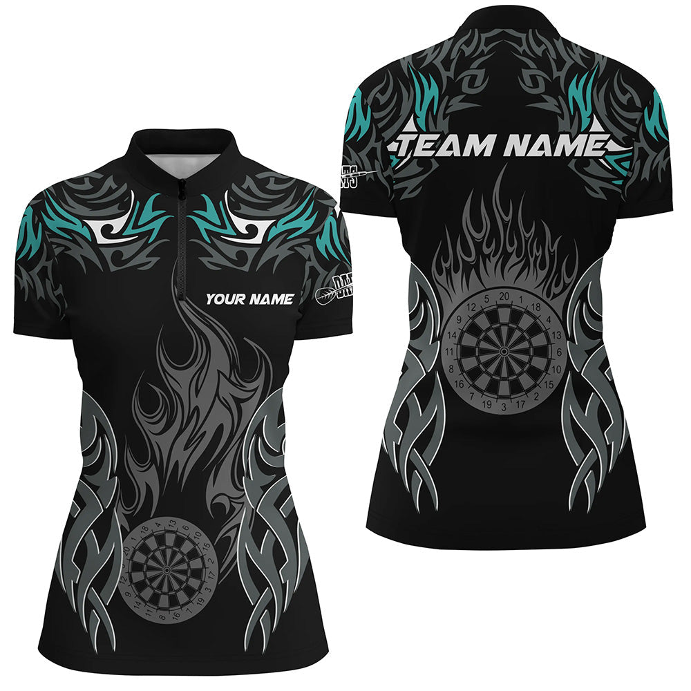 Individuelles Darts Turnier Türkis Damen Quarter Zip Shirt, Dartboard Feuerflamme Dart Trikot TDM2102