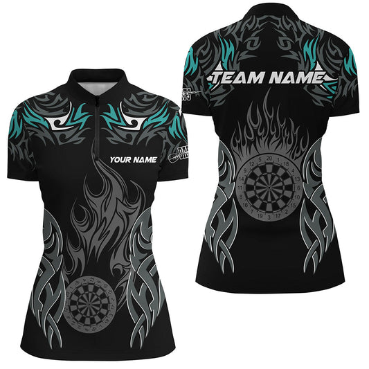Individuelles Darts Turnier Türkis Damen Quarter Zip Shirt, Dartboard Feuerflamme Dart Trikot TDM2102