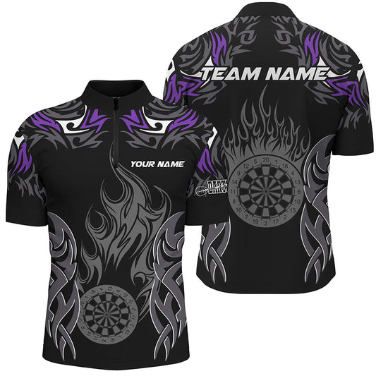 Darts Turnier Lila Herren Shirt mit Viertelreißverschluss, Dartboard Feuerflamme Dart Trikot TDM2103