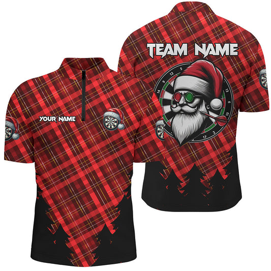 Individuelles Rotes Karo-Muster Dart Herren Shirt mit Viertelreißverschluss, Weihnachts Dart Trikot Outfit TDM3077