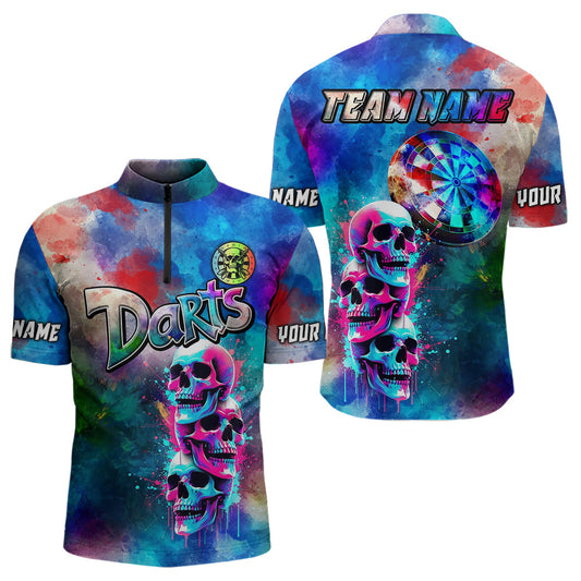 Individuelles Lustige Bunte Neon Graffiti Skull Dart Viertelreißverschluss Herren Shirt – Dart Trikots TDM3793