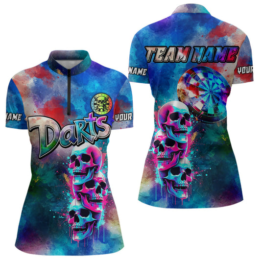 Individuelles Lustiges Buntes Neon Graffiti Totenschädel Dart Quarter Zip Shirt Für Damen – Dart Trikots TDM3793