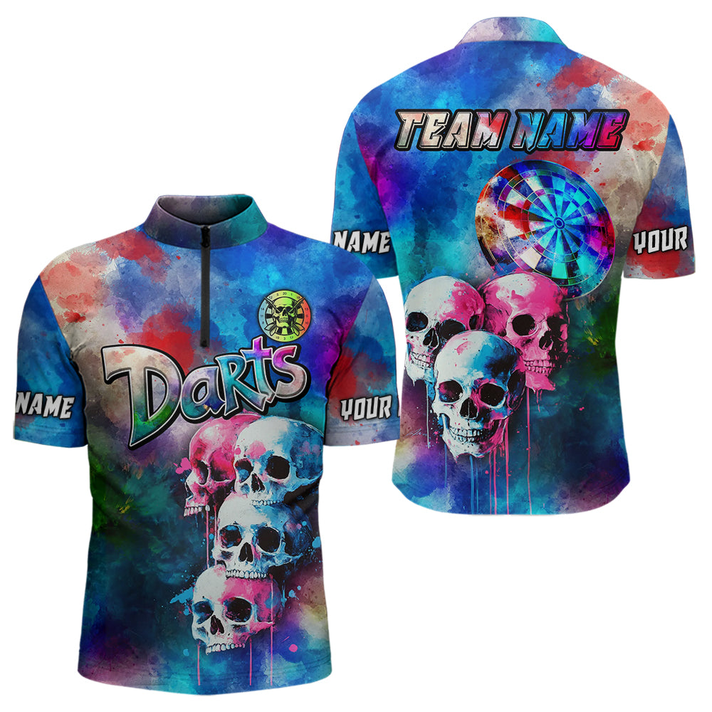 Individuelles Lustige Bunte Neon Graffiti Skull Dart Viertelreißverschluss Herren Shirt – Dart Trikots TDM3794