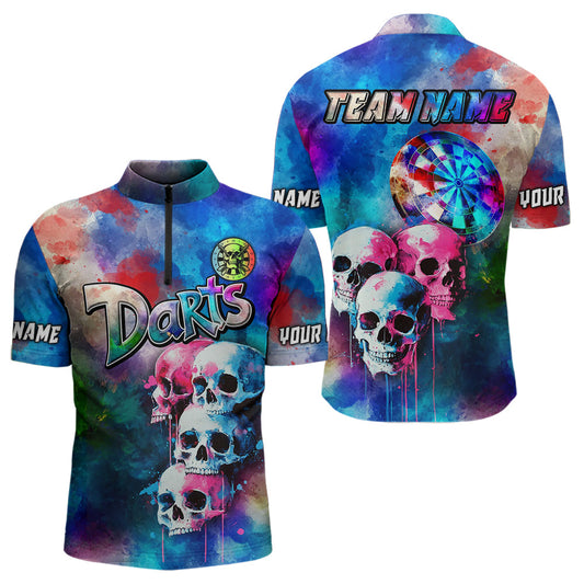 Individuelles Lustige Bunte Neon Graffiti Skull Dart Viertelreißverschluss Herren Shirt – Dart Trikots TDM3794