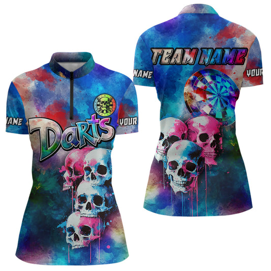 Individuelles Lustiges Buntes Neon Graffiti Totenschädel Dart Quarter Zip Shirt Für Damen – Dart Trikots TDM3794