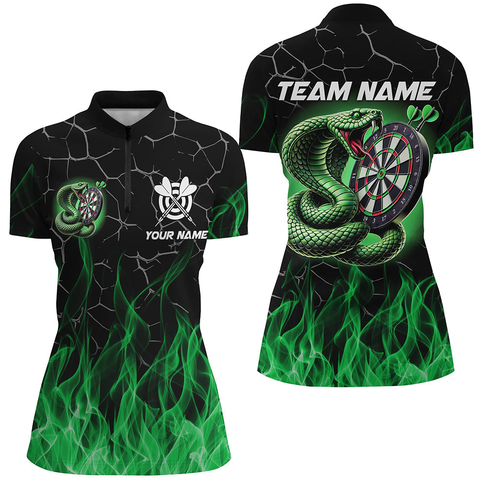 Individuelles Darts Schlangen Feuerflamme Grün Damen Quarter Zip Shirt, Cooles Dart Trikot Team TDM2108