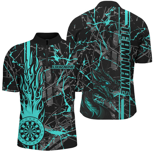 Individuelles Türkises Grunge Fire Flame Dart Board Herren Shirt mit Viertelreißverschluss, Drachen Dart Trikot TDM2603