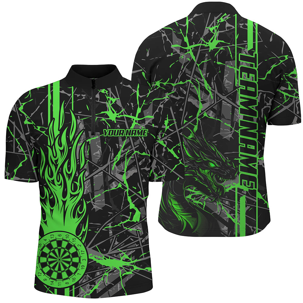 Individuelles Grünes Grunge Fire Flame Dart Board Herren Shirt mit Viertelreißverschluss, Drachen Dart Trikot TDM2604