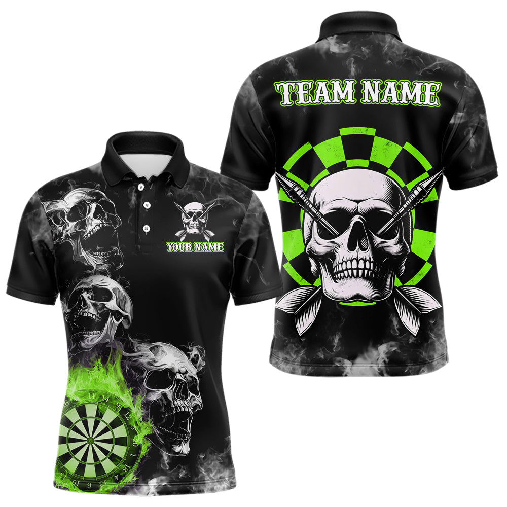 Individuelles grünes Rauch-Schädel-Dart-Poloshirt für Herren, Feuer-Flammen-Dartbrett-Trikot TDM3653