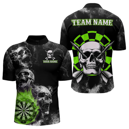 Individuelles Grüne Darts Rauch Skull Dart Viertelreißverschluss Herren Shirt, Feuerflamme Dartboard Trikot TDM3653