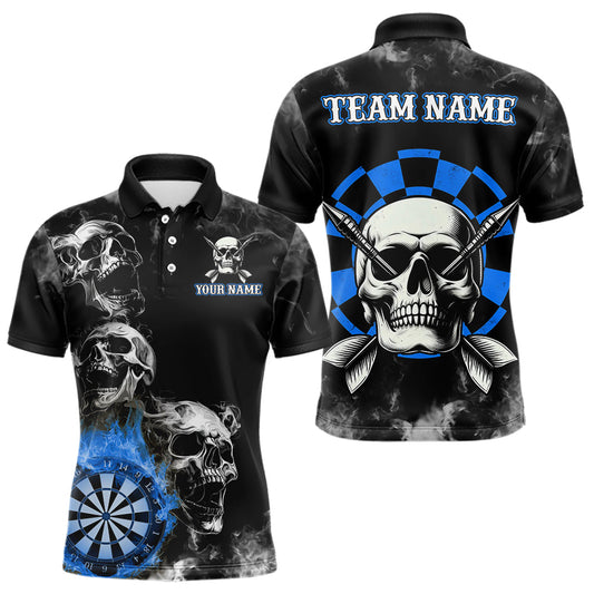 Individuelles blaues Rauch-Schädel-Dart-Poloshirt für Herren, Feuer-Flammen-Dartbrett-Trikot TDM3654