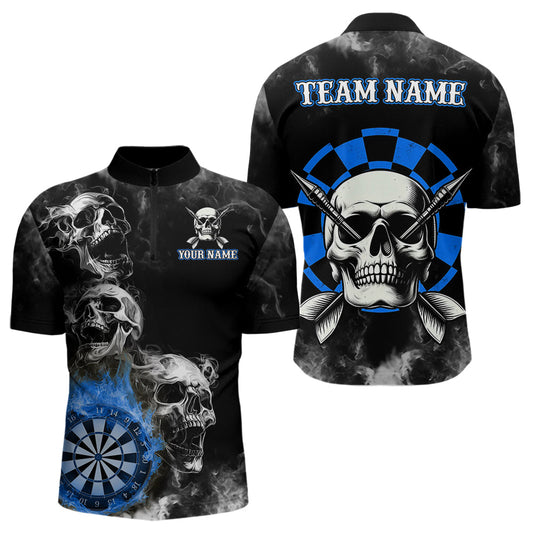 Individuelles Blaue Darts Rauch Skull Dart Viertelreißverschluss Herren Shirt, Feuerflamme Dartboard Trikot TDM3654