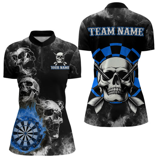 Individuelles Blau Darts Rauch Schädel Dart Damen Quarter Zip Shirt, Feuerflamme Dartbrett Trikot TDM3654