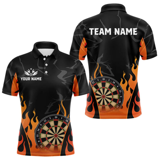 Individuelles schwarzes und orangefarbenes Flammen-Dart-Poloshirt für Herren – Darttrikot TDM3806
