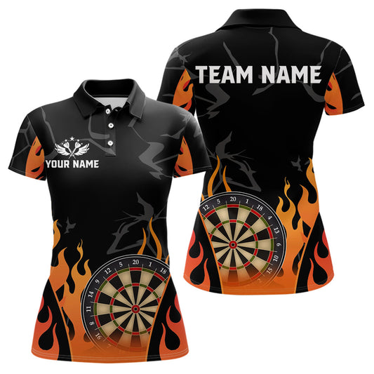 Individuelles Schwarz-Orange Flammen-Dart-Poloshirt für Damen – Dart Trikot TDM3806