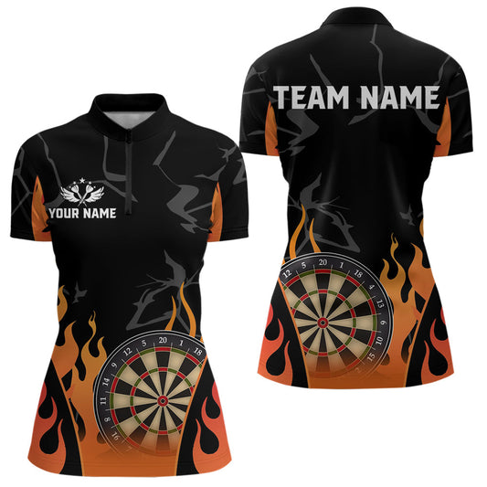 Individuelles Schwarzes und Oranges Flamme Dart Quarter Zip Shirt Für Damen – Dart Trikot TDM3806