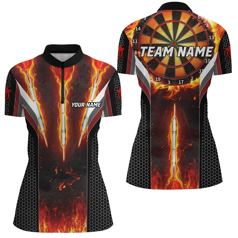 Individuelles Dartboard brennendes Feuer Dart Quarter Zip Shirt für Damen, Dart Team Liga Trikot TDM1540
