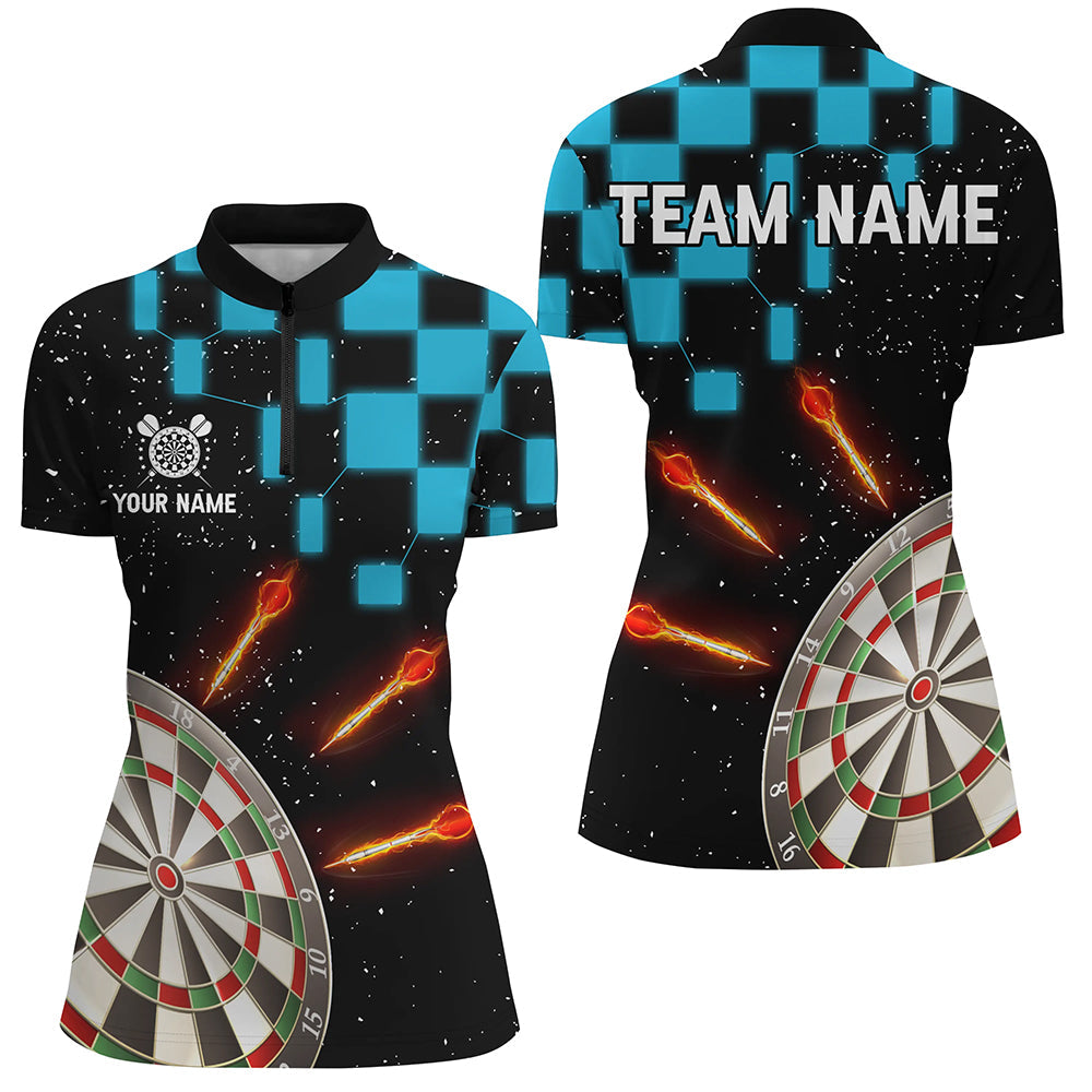Individuelles Blaues Schachbrett Dart Damen Quarter Zip Shirt, Dartboard Dart Team Trikot TDM2390