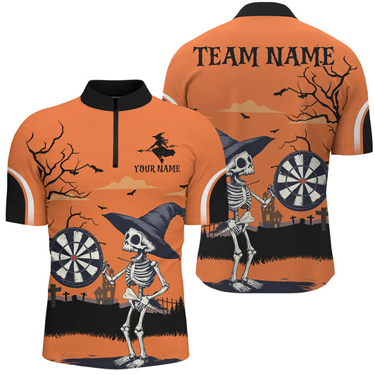 Individuelles Lustiger Skelett Orangen Halloween Herren Shirt mit Viertelreißverschluss, Darts Team Geschenke Trikot TDM2636