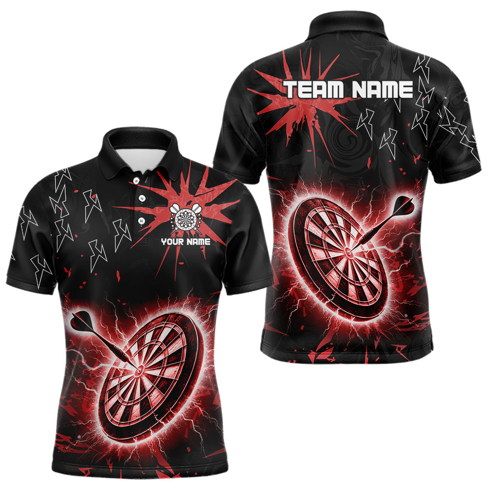 Individuelles schwarz-rotes Dartbrett-Donner-Blitz-Dart-Poloshirt für Herren, Darttrikot TDM3666