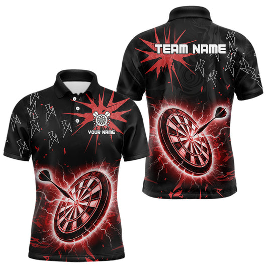 Individuelles schwarz-rotes Dartbrett-Donner-Blitz-Dart-Poloshirt für Herren, Darttrikot TDM3666