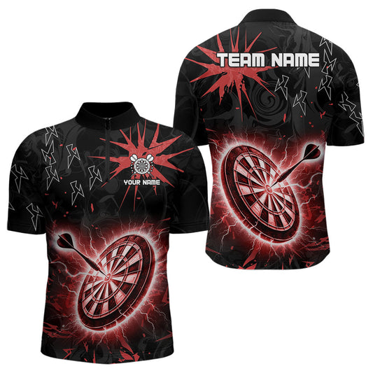 Individuelles Schwarz und Rot Dartboard Thunder Lightning Darts Viertelreißverschluss Herren Shirt, Dart Trikot TDM3666