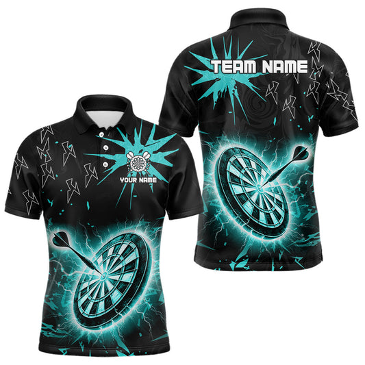 Individuelles schwarz-türkisfarbenes Dartbrett-Donner-Blitz-Dart-Poloshirt für Herren, Darttrikot TDM3667