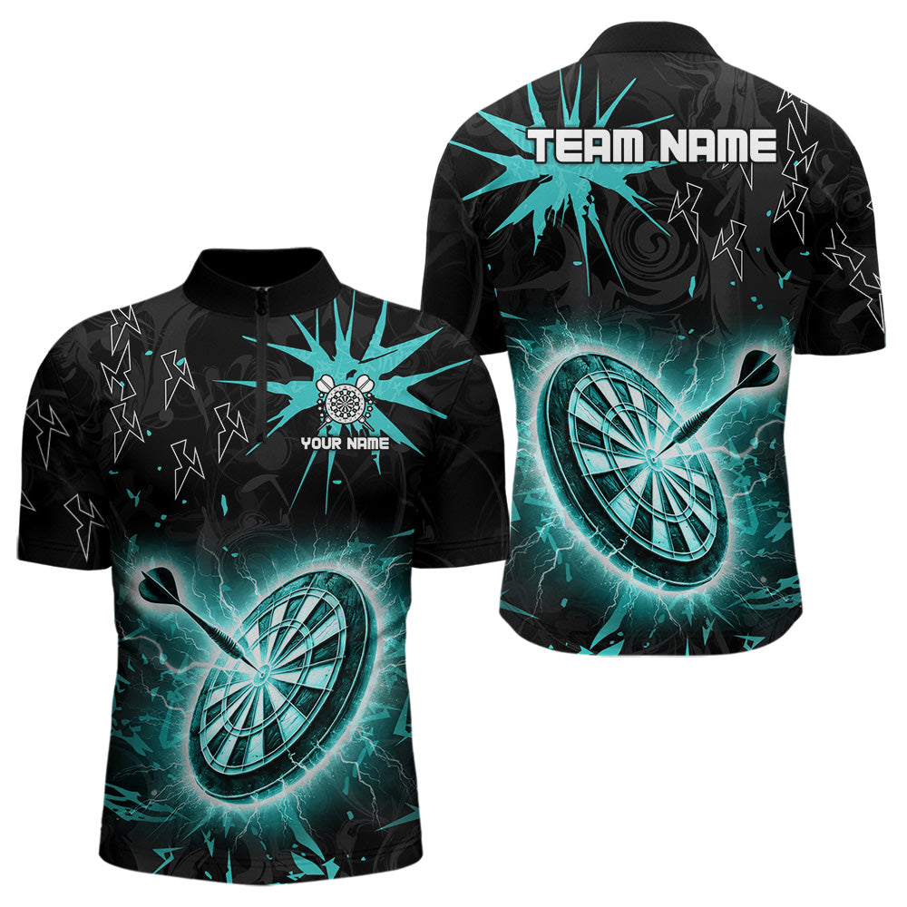 Individuelles Schwarz und Türkis Dartboard Thunder Lightning Herren Dart Viertelreißverschluss Shirt, Dart Trikot TDM3667