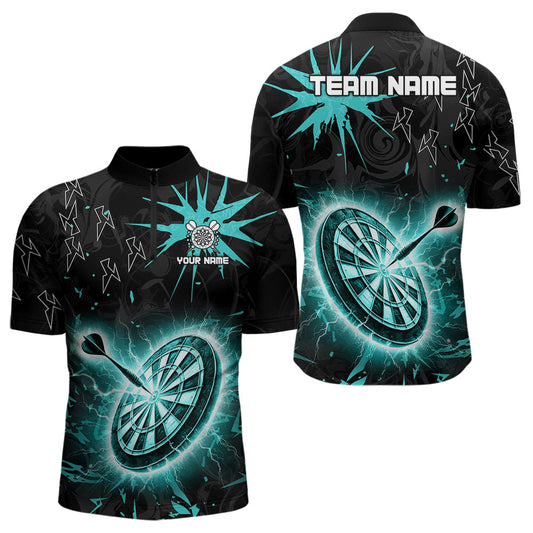 Individuelles Schwarz und Türkis Dartboard Thunder Lightning Herren Dart Viertelreißverschluss Shirt, Dart Trikot TDM3667