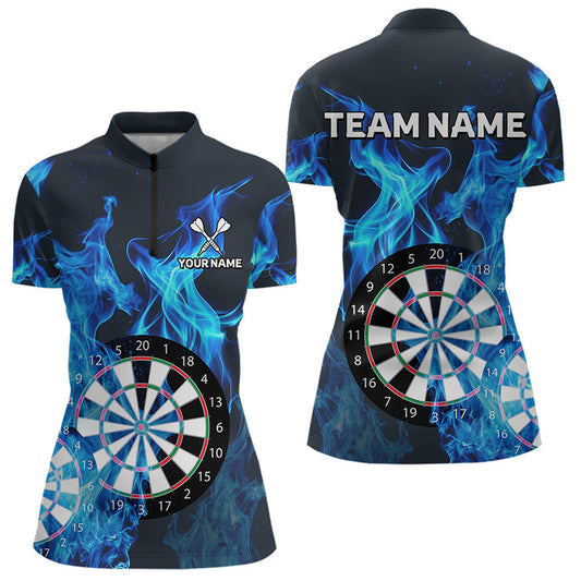 Individuelles Blau Flammendes Dartbrett Dart Damen Quarter Zip Shirt – Team Dart Trikots TDM3821