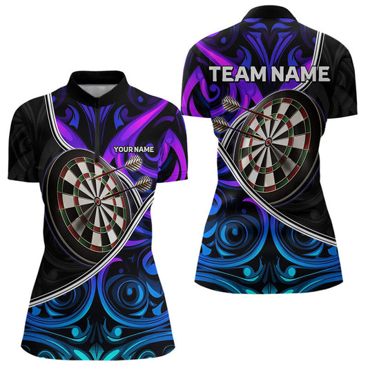 Individuelles Neon Lila Blau Tribal Dart Damen Quarter Zip Shirt – Team Dart Trikots TDM3823
