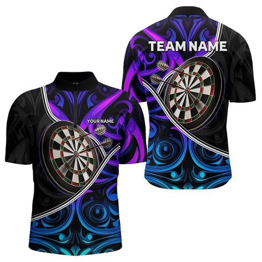Individuelles Neon Lila Blau Tribal Dart Viertelreißverschluss Herren Shirt – Team Dart Trikots TDM3823