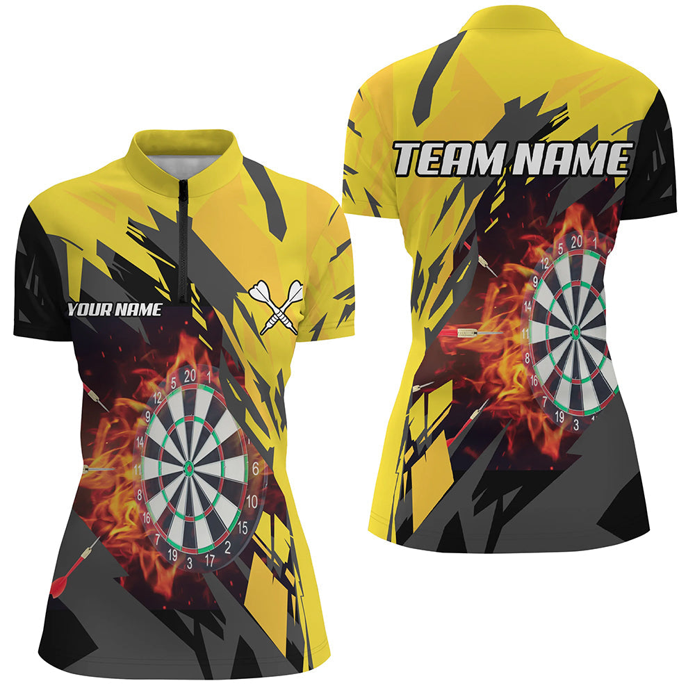 Individuelles Dartboard Fire Flame Dart Quarter Zip Shirt für Damen, gelbes Dart Teamtrikot TDM1729