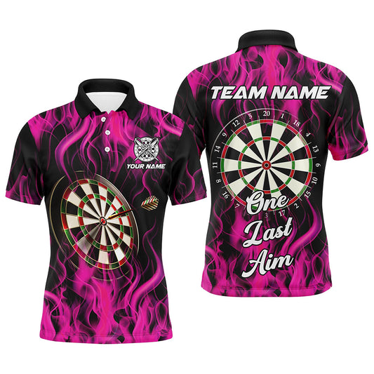 Individuelles One Last Aim Feuerflamme Pink Dart-Poloshirt für Herren, Dart-Spruchtrikot TDM2656