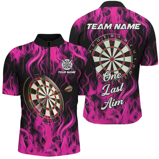Individuelles One Last Aim Fire Flame Pink Dart Herren Shirt mit Viertelreißverschluss, Dart Saying Trikot TDM2656