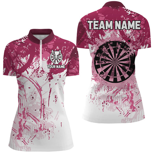 Individuelles Pinkes Grunge Klassisches Dart Damen Quarter Zip Shirt, Team Name Dart Trikot Kurzarm TDM2658