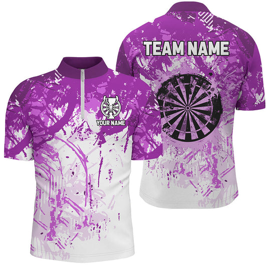 Individuelles Lila Grunge Klassisches Dart Herren Shirt mit Viertelreißverschluss, Team Name Dart Trikot Kurzarm TDM2659