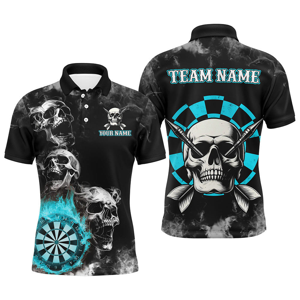 Individuelles blaues Dart-Rauch-Schädel-Poloshirt für Herren, Feuerflammen-Dart-Teamtrikot TDM3133