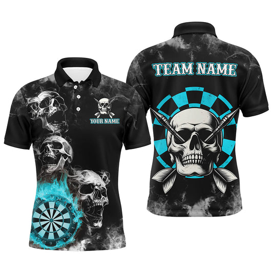 Individuelles blaues Dart-Rauch-Schädel-Poloshirt für Herren, Feuerflammen-Dart-Teamtrikot TDM3133