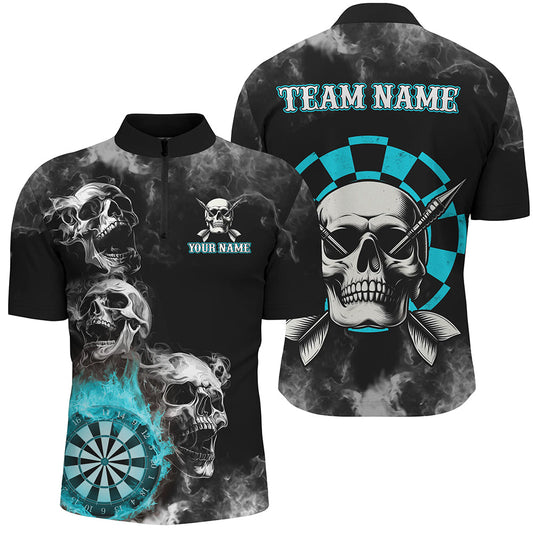Individuelles Blaues Darts Smoke Skull Herren Shirt mit Viertelreißverschluss, Feuerflamme Dart Team Trikot TDM3133
