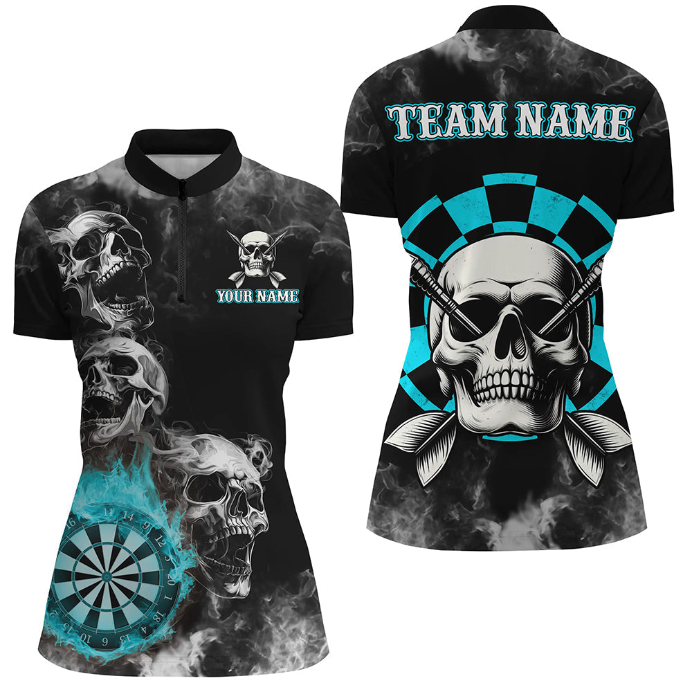 Individuelles Blaues Darts Rauch Schädel Damen Quarter Zip Shirt, Feuerflamme Dart Team Trikot TDM3133