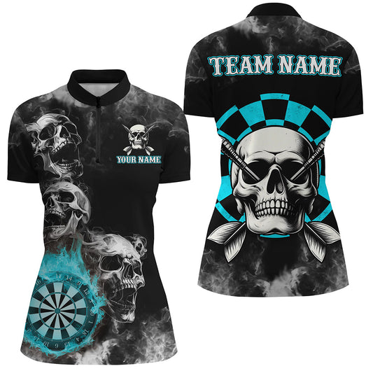 Individuelles Blaues Darts Rauch Schädel Damen Quarter Zip Shirt, Feuerflamme Dart Team Trikot TDM3133