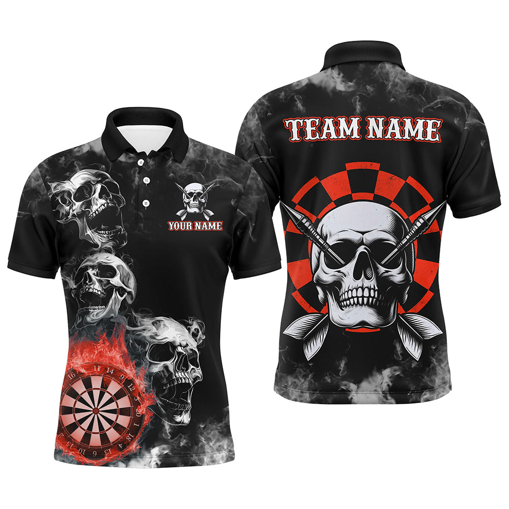 Individuelles rotes Dart-Rauch-Schädel-Poloshirt für Herren, Feuerflammen-Dart-Teamtrikot TDM3134