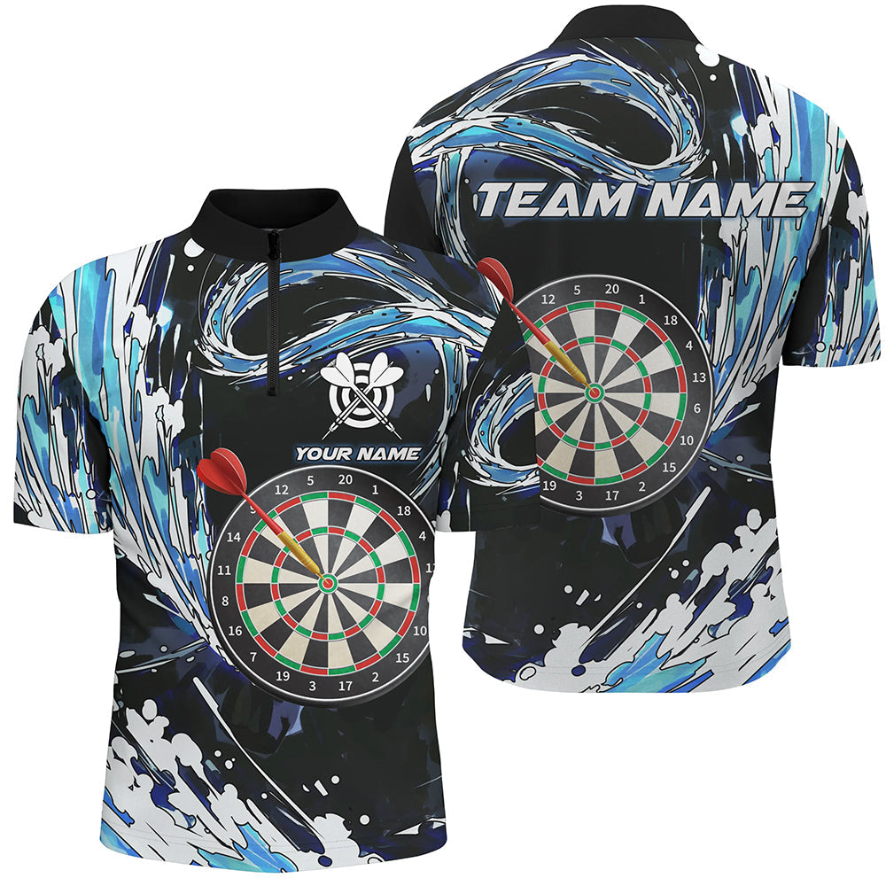 Individuelles Blaues Wellen Dartboard Herren Shirt mit Viertelreißverschluss, Dart Team Trikot TDM1188
